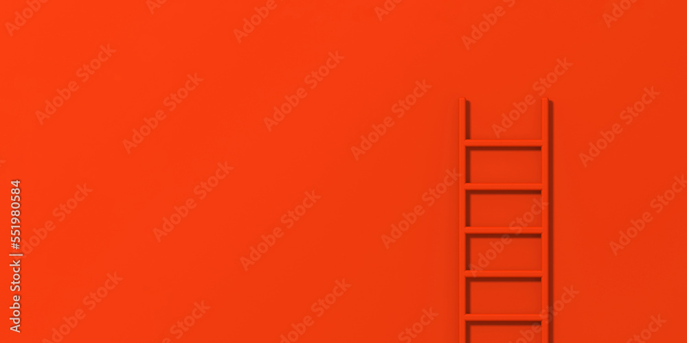 red staircase on red background. Staircase stands vertically near wall. Way to success concept. Horizontal image. Banner for insertion into site. 3d image. 3D rendering.