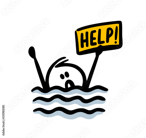 The drowning boy screams and sticks his hand out of the water with a sign asking for help.