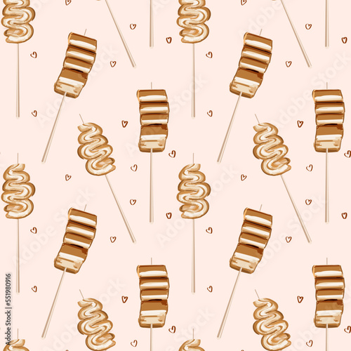 Korean fish cake skewers. Korean street food. Seamless vector pattern for asian cafe, restaurant. Design for fashion , fabric, textile, wallpaper, cover. Vector illustration.