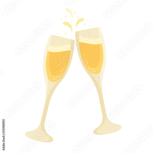 Two glasses of champagne with bubbles on a transparent background. Festive element for birthday, wedding, party, christmas and new year in flat style