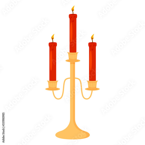 Vintage golden candlestick with candles. Cartoon elegant chandelier, retro candle holder. Flat style illustration isolated on transparent background