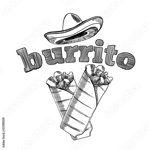 Hand drawn sketch style burrito wrap. Traditional mexican cuisine illustration. Fast food. Street food drawing. Best for restaurant menu and package design. Vector illustration.