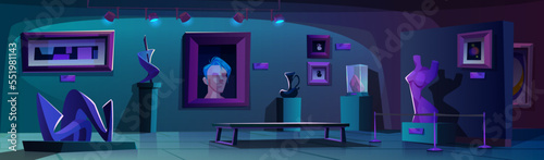 Art gallery, museum at night, dark interior with modern artworks. Contemporary exhibition of abstract paintings, sculpture, vases and statue in muted light illumination. Cartoon vector illustration