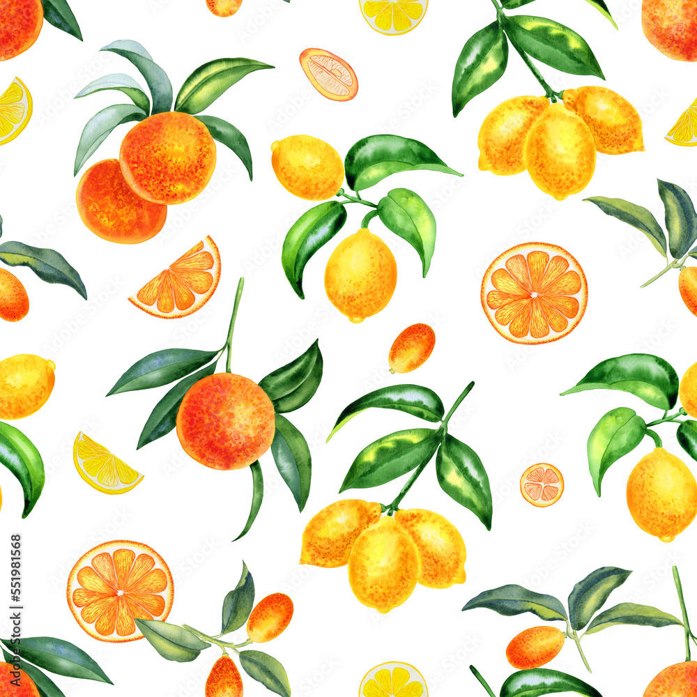 Citrus fruits watercolor seamless pattern. Hand drawn lemons, oranges and kumquats on an isolated background. Endless ornament for fabric and wallpaper. Tropical summer print.