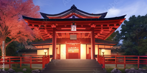 shrine cherryblossom tree japan illustration 2D outdoor bright Asia Sky Red Cloud Spring AI April 神社 桜の木 和風 日本の建築 景色 背景 イラスト 綺麗な光 外 アジア 歴史 空 柵 赤い 東洋 空 雲 春 4月　ワイド 横長 300dpi