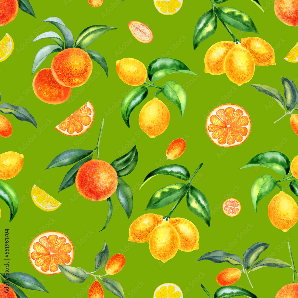 Citrus fruits watercolor seamless pattern. Hand drawn lemons, oranges and kumquats on an isolated background. Endless ornament for fabric and wallpaper. Tropical summer print. Citrus fruits watercolor seamless pattern. Hand drawn lemons, oranges and kumquats on an isolated background. Endless ornament for fabric and wallpaper. Tropical summer print.