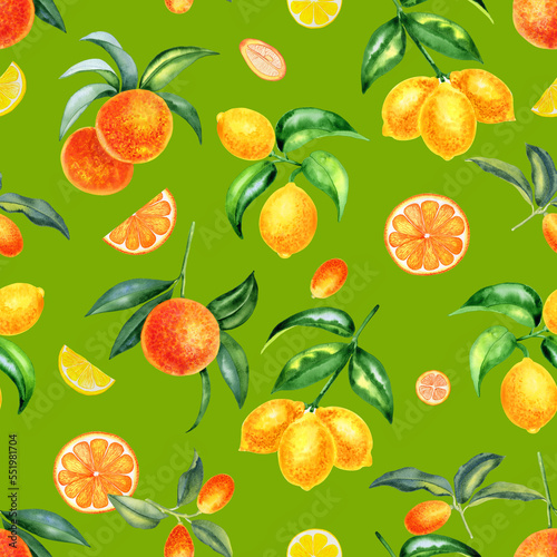 Citrus fruits watercolor seamless pattern. Hand drawn lemons  oranges and kumquats on an isolated background. Endless ornament for fabric and wallpaper. Tropical summer print.