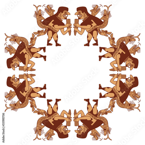 Square ethnic frame with fantastic fanged snake men. Native American art of Moche Indians from ancient Peru. Indigenous Peruvian  Mochica design. Isolated vector illustration on white background.