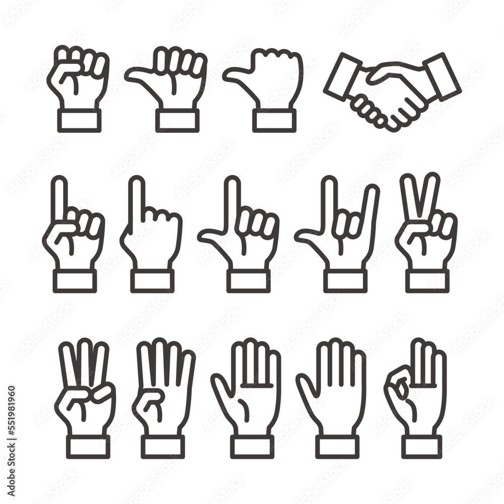Set of finger, Hand signs on a white background, Hand collection, vector outline illustration, line icon set Set of finger, Hand signs on a white background, Hand collection, vector outline illustration, line icon set