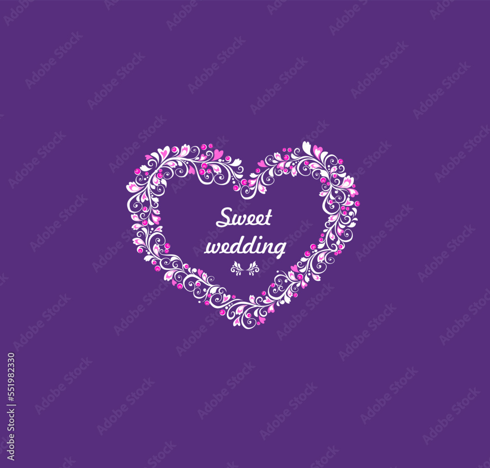 Decorative heart shape frame for greeting card, wedding invitation. Wreath floral white template with pink berries on violet background