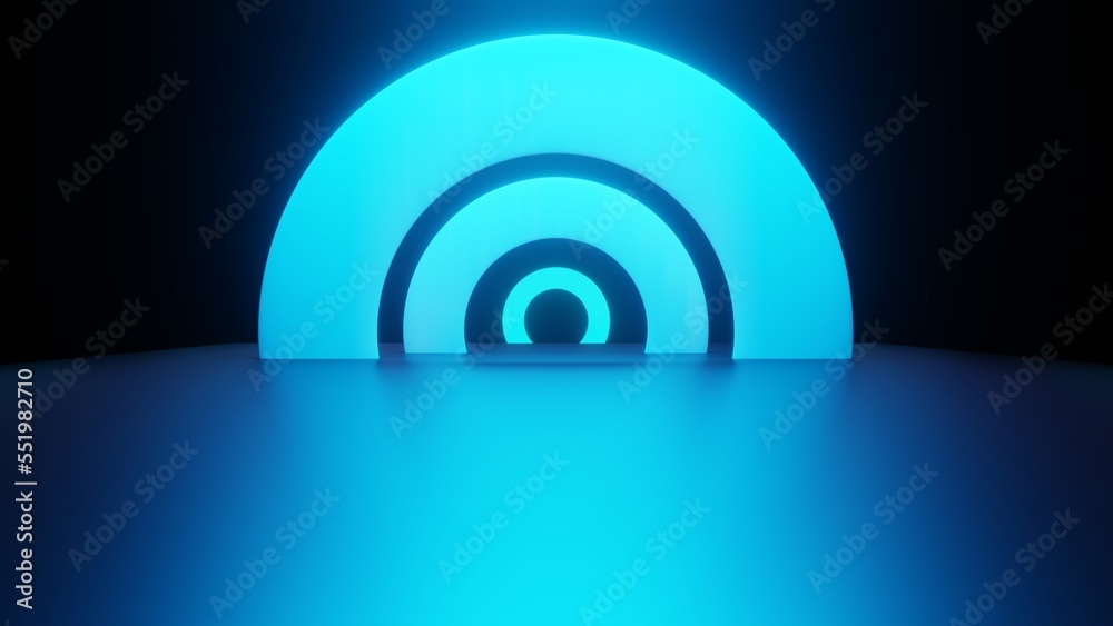 Fototapeta premium 3d rendering of spaceship corridor background blue neon glowing. Scene for advertising, technology, showroom, banner, game, sport, cosmetic, business, metaverse. Sci-Fi Illustration. Product display