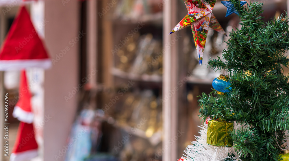 Naklejka premium merry christmas, cute festive decoration close up, beautiful toys for new year