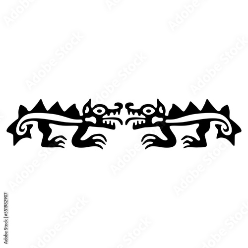 Symmetrical design with two fantastic animals. Native American art of Moche Indians from ancient Peru. Black and white silhouette.