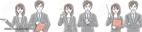 ビジネススーツの男女　表情ポーズの上半身イラストセット（案内　説明　解説）