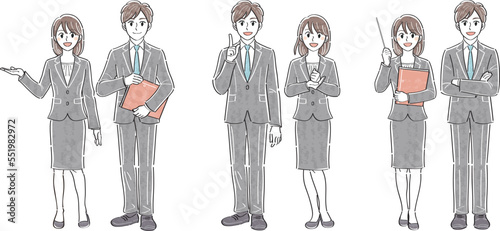 ビジネススーツの男女　表情ポーズの全身イラストセット（案内　説明　解説）