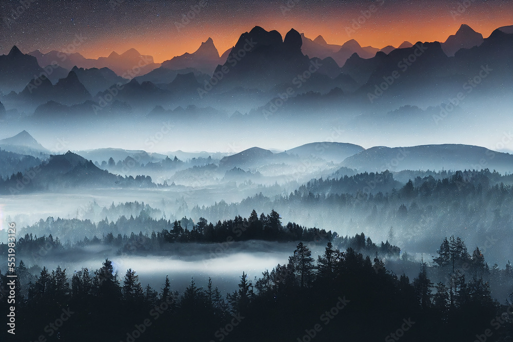 fantastic wonderland landscape with   above mountains in fog at night in autumn. Landscape with alpine mountain