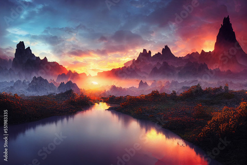 fantastic wonderland landscape with above mountains in fog at night in autumn. Landscape with alpine mountain