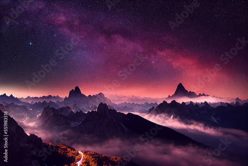 Milky Way above mountains in fog at night in autumn. Landscape with alpine mountain valley, low clouds, purple starry sky with milky way