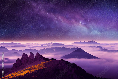 Milky Way above mountains in fog at night in autumn. Landscape with alpine mountain valley, low clouds, purple starry sky with milky way