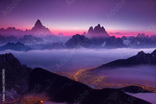 Milky Way above mountains in fog at night in autumn. Landscape with alpine mountain valley, low clouds, purple starry sky with milky way