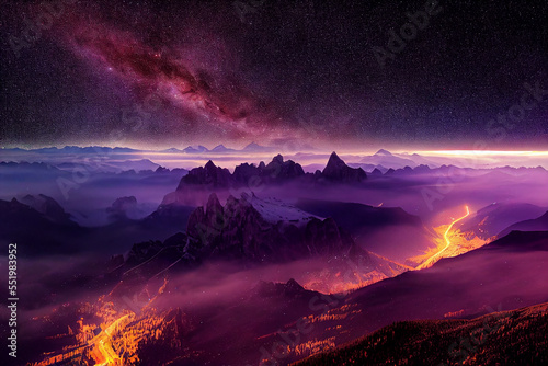 Milky Way above mountains in fog at night in autumn. Landscape with alpine mountain valley, low clouds, purple starry sky with milky way © rufous