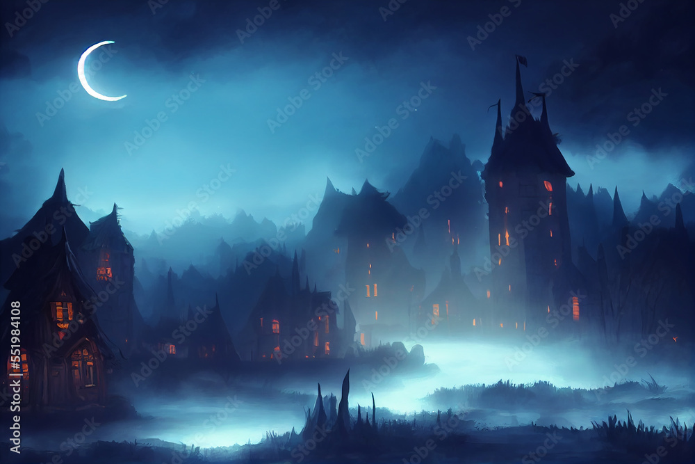 night, moonlight, a fantasy village in the dark