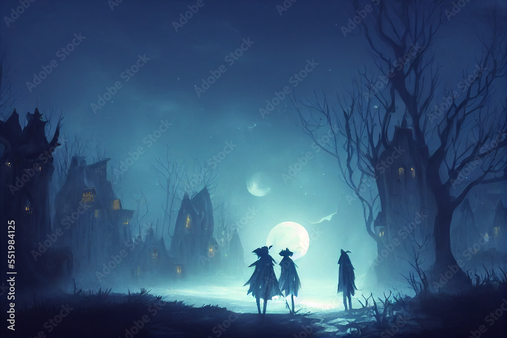 night, moonlight, a fantasy village in the dark night, moonlight, a fantasy village in the dark