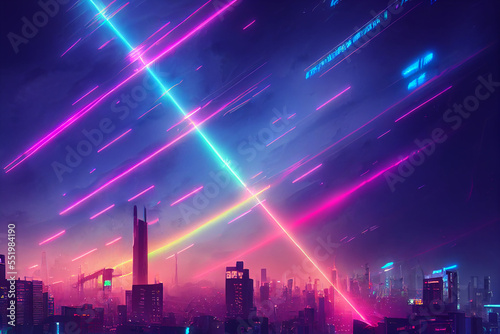 Synthwave Cyberpunk, Neon shades of Magenta and Teal, City