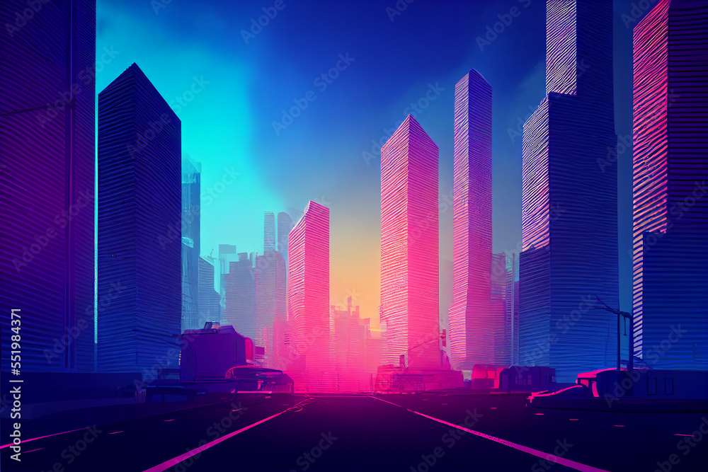 Synthwave Cyberpunk, Neon shades of Magenta and Teal, City