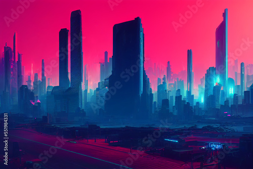 Synthwave Cyberpunk  Neon shades of Magenta and Teal  City