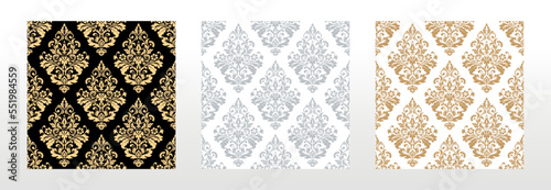 Wallpapers in the style of Baroque. Seamless vector backgrounds. Set of colored floral ornaments. Graphic patterns for fabric, wallpaper, packaging. Ornate Damask flower ornaments