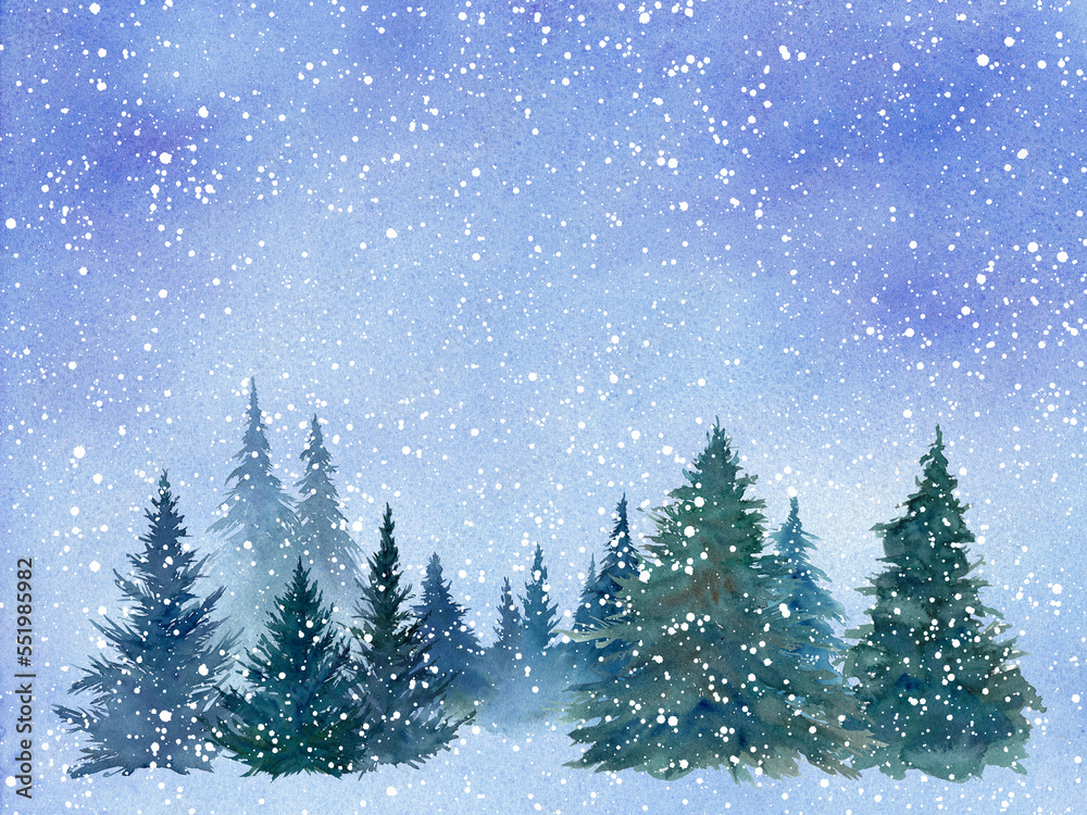 夜空と雪降る森林の水彩イラスト。クリスマスシーズン。背景。