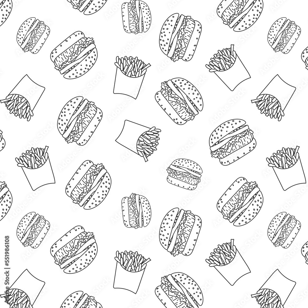 doodle pattern, burger, french fries background for fast food, canteen, restaurant, cafe on white with black lines
