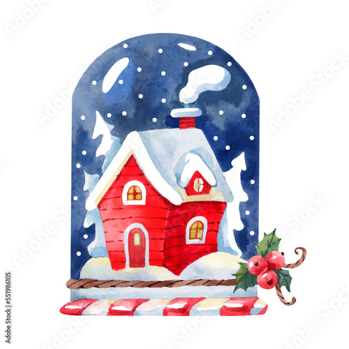 Watercolor Christmas snow globe with red cottage. Hand drawn illustration. Retro style