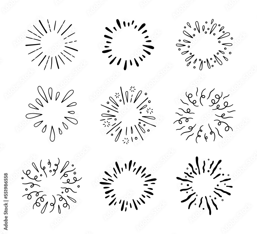 Hand drawn firework. Star burst. Sunburst doodle icon. Hand drawn explosion frame. Sparkles set with radial lines. Explosion vintage effects. Vector illustration isolated on white background. Hand drawn firework. Star burst. Sunburst doodle icon. Hand drawn explosion frame. Sparkles set with radial lines. Explosion vintage effects. Vector illustration isolated on white background.