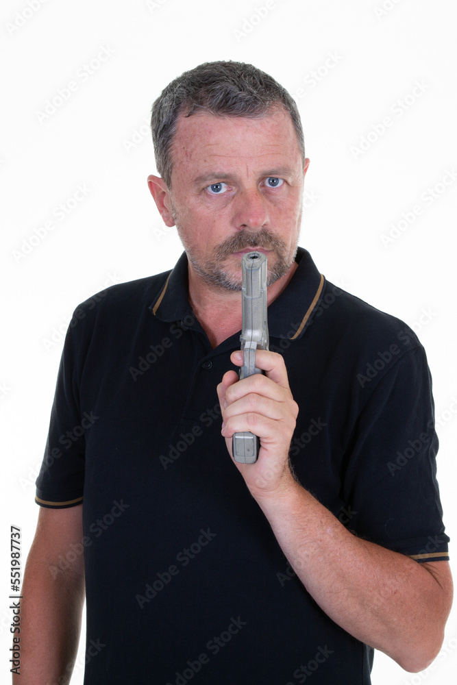 man holding a gun grey handgun on white background man holding a gun grey handgun on white background