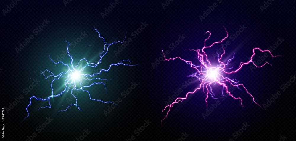 Electric balls, round lightnings, blue and purple thunderbolt circles. Magic energy strikes, plasmic spheres, powerful electrical isolated discharge, glowing dazzle, Realistic 3d vector illustration