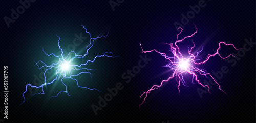 Fotografia Electric balls, round lightnings, blue and purple thunderbolt circles