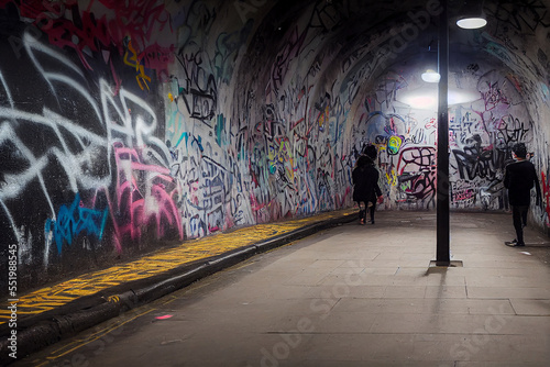 Graffiti covering urban wall in city