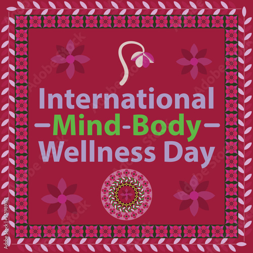 Banner vector design for international mind-body wellness day celebrated on the 3rd of January. banner consist of flowers, leaves, typography and the color pink as the main color.