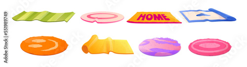 Cartoon set of colorful carpets isolated on white background. Vector illustration of rectangular, round and rolled rugs with striped, monochrome, abstract pattern. Home interior design elements