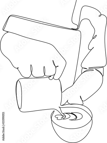 Line art of barista pouring milk to coffee. Continue line drawing of coffee employees vector illustration. Minimalistic