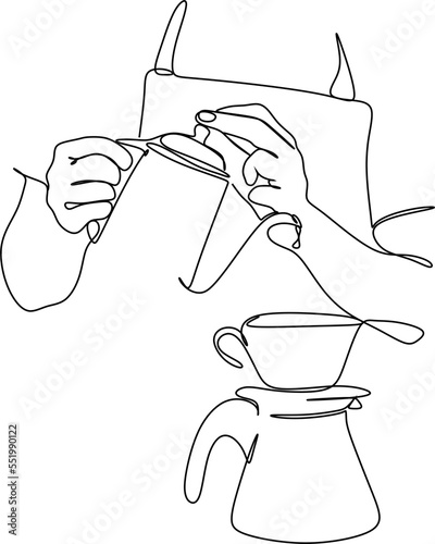 Line art of barista pouring milk to coffee. Continue line drawing of coffee employees vector illustration. Minimalistic