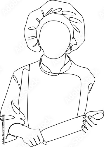 Continuous line drawing of hand drawn chef preparing food. Scene in the kitchen. Template for your design. Vector illustration.