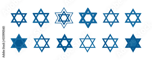 Star of David icons set. Blue David stars collection, Jewish hexagram sign symbol, decorative element for Hanukkah.