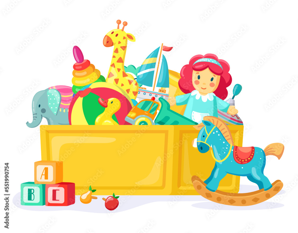 Fototapeta premium Baby toys in box. Colorful inventory for kids games and entertainment. Container full of objects for boys and girls