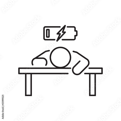 tired person in the workplace, tiredness or burnout icon, low level energy in work battery, exhausted and sleepy man, thin line symbol - editable stroke vector illustration