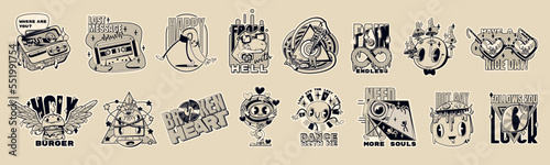 Retro psychedelic stickers, abstract comic patches and emoji in y2k style. Monochrome icons with mushrooms, smiling faces, vintage cassette, pager, dinosaur and burger, vector cartoon set
