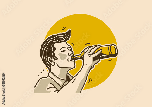 Vintage illustration drawing of man holding water bottle