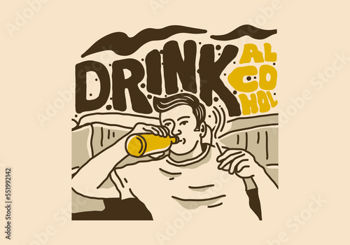 Vintage illustration drawing of man drinks alcohol
